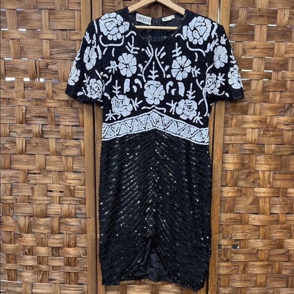 Vintage Swee Lo Women's Art Deco Evening Dress Sz 12 14 Small Black White Sequin - Picture 1 of 7